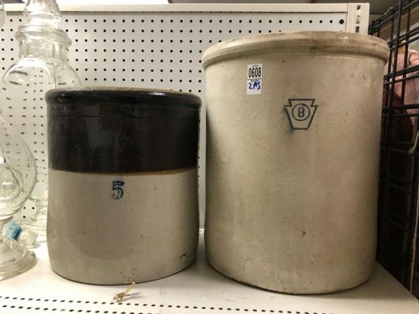 8 GALLON & 5 GALLON STONEWARE CROCKS IN GOOD ESTATE (1 of 1)