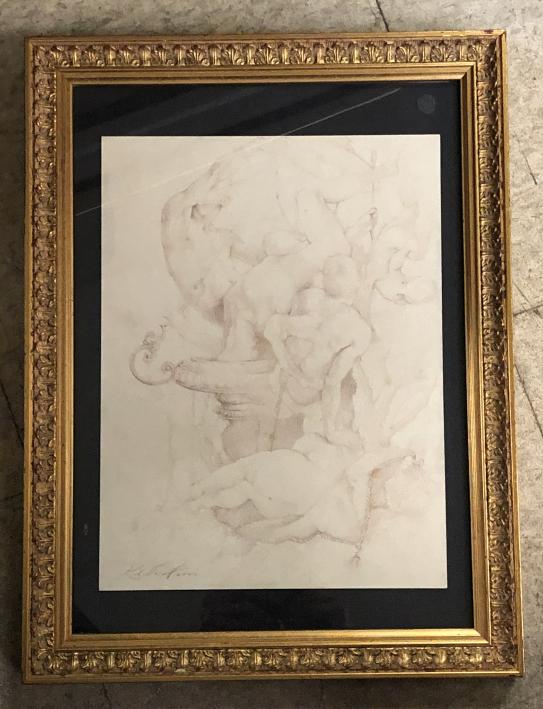 DRAWING ON A RAG TYPE PAPER OF NUDE FIGURES INTERTWINED: DRAWING ON A RAG TYPE PAPER OF NUDE FIGURES INTERTWINED AND FOUNTAIN IN THE CENTER, SIGNED ILLEGIBLY LOWER LEFT. FROM NYC ESTATE OF A DESIGNER. DRAWING MEASURES 11" X 8.5".
