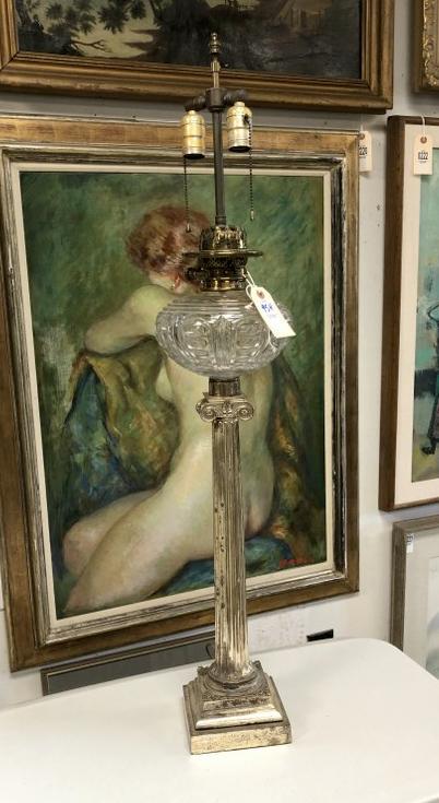 LARGE DECORATIVE LAMP W/WORN SILVERPLATE COLUMN BASE, (1 of 5)