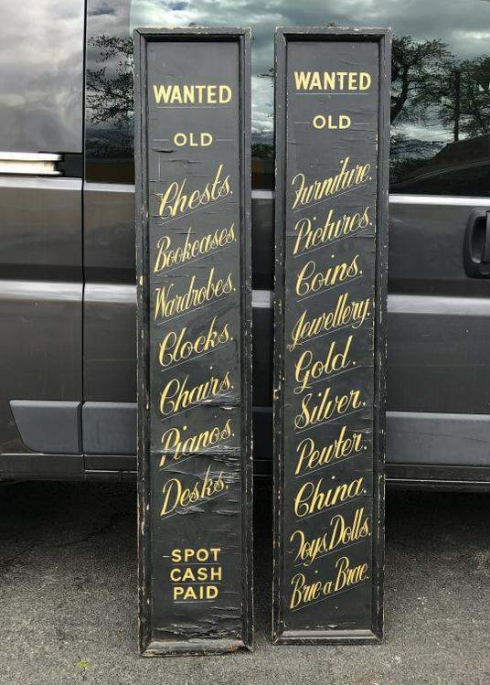 2 OLDER BLACK WOOD SIGNS W/GOLD WRITING FROM OLD SWAP: 2 OLDER BLACK WOOD SIGNS W/GOLD WRITING FROM OLD SWAP SHOP IN KINGSTON NY, SOME PAINT PEELING ON BOTH, 1 SIGN HAS SOME WOOD WEAR ON BOTTOM, EACH SIGN MEASURES 74" X 13 1/2"