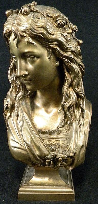 EUGENE ANTOINE AIZELIN BRONZE BUST OF WOMAN WITH L: EUGENE ANTOINE AIZELIN BRONZE BUST OF WOMAN WITH LONG FLOWING HAIR. MEASURES 14" HIGH, NICE ESTATE CONDITION. SIGNED ON SIDE AS PICTURED. (1821-1902)