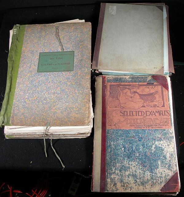 LOT OF 3 LARGE OLD ART PORTFOLIOS WITH ARCHITECTUR: LOT OF 3 LARGE OLD ART PORTFOLIOS WITH ARCHITECTURAL AND DECORATIVE PLATES. VERY DECORATIVE LOT, TITLED AS PICTURED. OUTER BOARDS ARE COMING APART, BUT INSIDES ARE INTACT. NICE DEALER LOT.