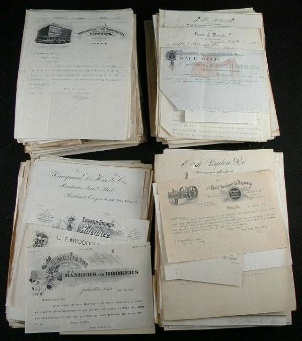 HUGE LOT 1890s WESTERN BUSINESS BILLHEADS, WONDERF: HUGE LOT 1890s WESTERN BUSINESS BILLHEADS, WONDERFUL LOT INCLUDING LETTERS AND CORRESPONDENCE BETWEEN COMPANIES AND CUSTOMER. MOSTLY ALL CIRCA 1890'S. GREAT LOT, JUST A GUESS OVER 500 PIECES…..