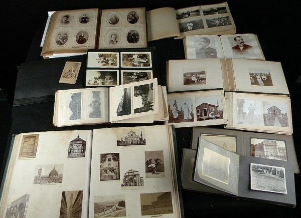 BOX OLD PHOTOGRAPH ALBUMS FAMILY LIFE & MORE: NICE LOT OF OLD PHOTOGRAPH ALBUMS, ONE WITH CDV'S AND SOME CABINET CARDS, OTHER EARLY ALBUMS WITH TRAVEL AND PEOPLE AT SCHOOLS AND OUTINGS. NICE DEALER LOT. SOME INTERESTING SNAPSHOTS.