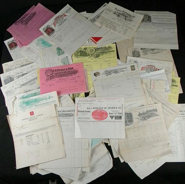 LOT OF EARLY ADVERTISING BILLHEADS GRAPHIC TOPS: NICE LOT OF ADVERTISING BILLHEADS, MANY WITH NICE GRAPHIC TOPS. MOSTLY TURN OF THE CENTURY OR A LITTLE EARLIER. NICE DEALER LOT.