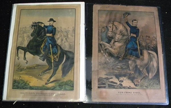 2 CURRIER & IVES CIVIL WAR PRINTS UNFRAMED: 2 CURRIER & IVES CIVIL WAR PRINTS UNFRAMED, INCLUDED ARE MAJR. GENL. WILLIAM T SHERMAN & GENL. FRANZ SIGEL. BOTH WITH SOME FOXING AND LIGHT STAINS.