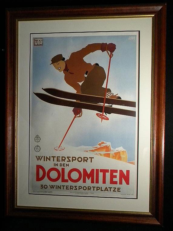 WINTERSPORT IN DOLMITEN SKI POSTER 1936 PUPPO: WE JUST WERE CONSIGNED 6 POSTERS FROM A HOME IN THE LAKE PLACID, N.Y. AREA. THEY ARE MOUNTED, MATTED AND BEAUTIFULLY FRAMED, AND HUNG IN HIS LUXURIOUS HOME. CONDITION ON ALL APPEARS TO BE VERY NICE, A