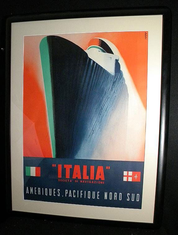 ITALIA SOCIETA DI NAVIGAZIONE STEAMSHIP POSTER: WE JUST WERE CONSIGNED 6 POSTERS FROM A HOME IN THE LAKE PLACID, N.Y. AREA. THEY ARE MOUNTED, MATTED AND BEAUTIFULLY FRAMED, AND HUNG IN HIS LUXURIOUS HOME. CONDITION ON ALL APPEARS TO BE VERY NICE, A