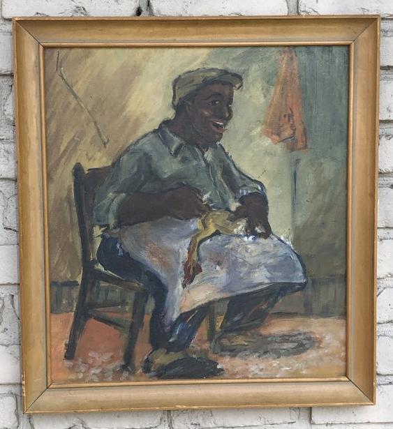 FOLKY O/B SMILING BLACK MAN IN CHAIR PLUCKING A: FOLKY O/B SMILING BLACK MAN IN CHAIR PLUCKING A CHICKEN, UNSIGNED, CIRCA 1950'S MAYBE, FROM HUDSON VALLEY ESTATE, PAINTING MEASURES 20" X 18".
