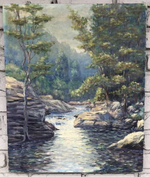 IMPRESSIONIST O/C LANDSCAPE WITH STREAM, SIGNED M M (1 of 4)