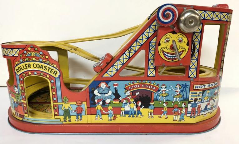 J CHEIN TIN LITHO ROLLER COASTER WITH 2 CARS, BRIGHT (1 of 5)