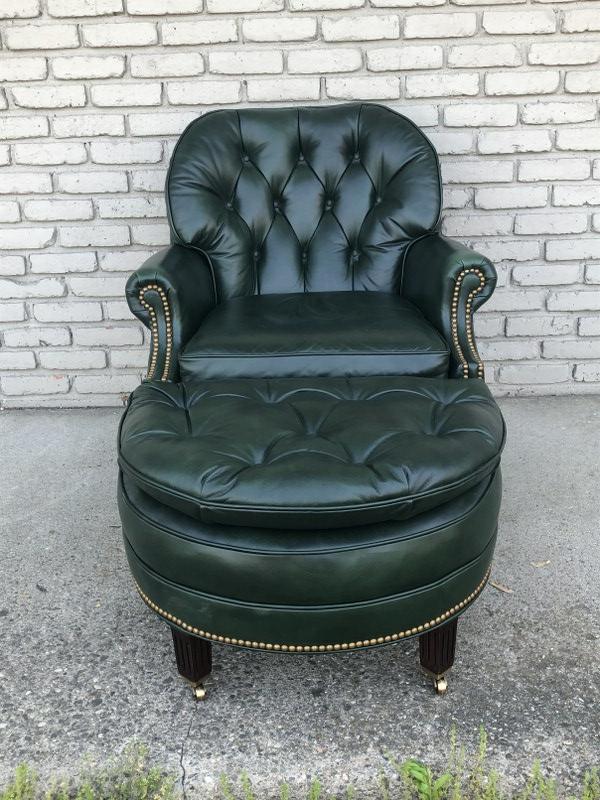 HANCOCK & MOORE GREEN LEATHER TUFTED CHAIR W/OTTOMAN (1 of 4)
