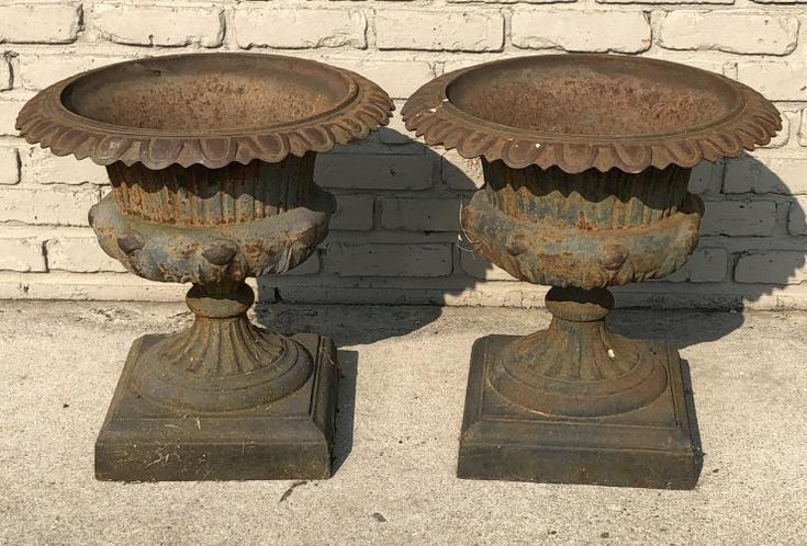 PR OF NICE OLD CAST IRON GARDEN URNS, TRACES OF GREEN (1 of 2)