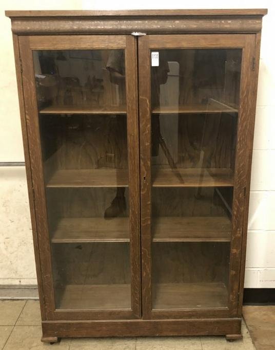 OAK 2 DOOR BOOKSHELF, QUARTER SEWN, ADJUSTABLE SHELVES, (1 of 1)