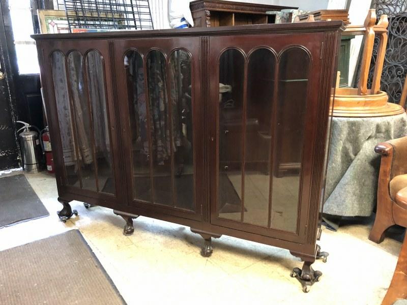 MAHOGANY TRIPLE DOOR BOOKCASE WITH BALL & CLAW FEET, (1 of 3)