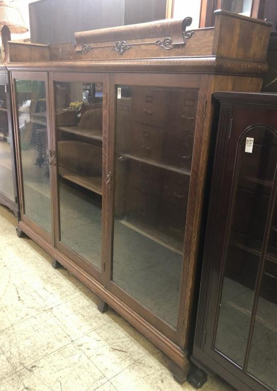 TRIPLE DOOR QUARTER SEWN OAK BOOKCASE W/BACKSPLASH, (1 of 4)