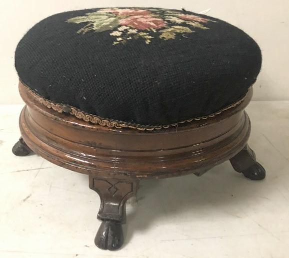 ROUND VICTORIAN DIMINUTIVE NEEDLEPOINT FOOT STOOL WITH (1 of 3)