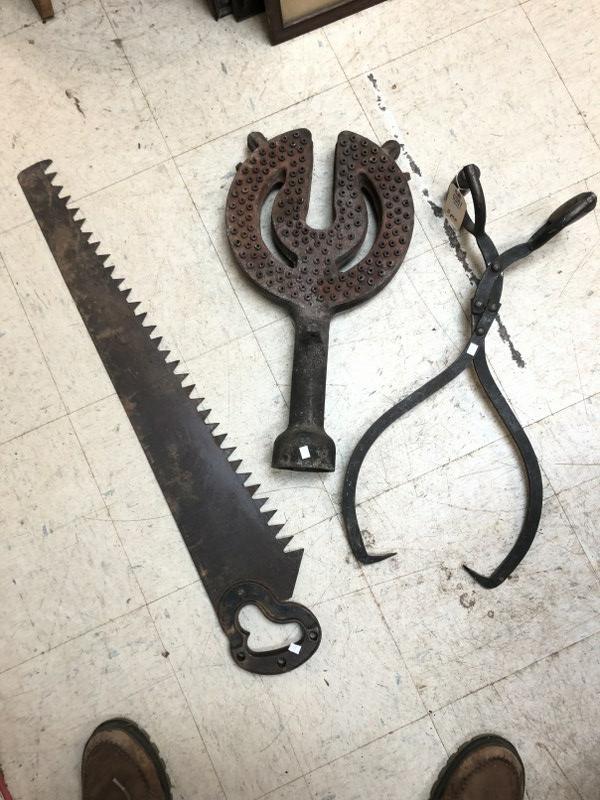(3) PC. ESTATE LOT, OLD SAW, ICE TONGS & SOME METAL (1 of 3)