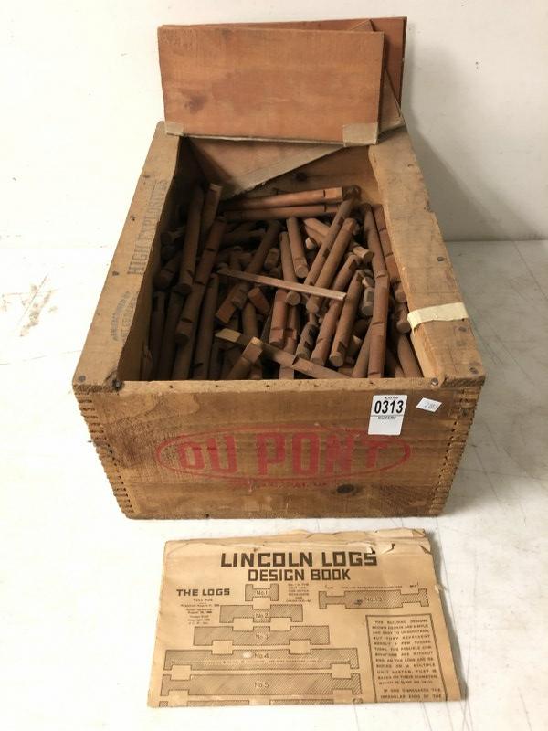 OLD WOOD CRATE FILLED WITH OLD LINCOLN LOGS, FROM OLD: OLD WOOD CRATE FILLED WITH OLD LINCOLN LOGS, FROM OLD FARMHOUSE ATTICâ€¦