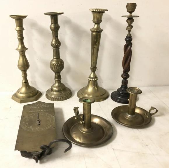 ESTATE LOT BRASS CANDLESTICKS, BRASS SCALE, 2 BRASS (1 of 5)