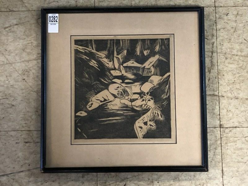 MID CENTURY WOODBLOCK LANDSCAPE WITH STREAM, ROCKS & (1 of 3)