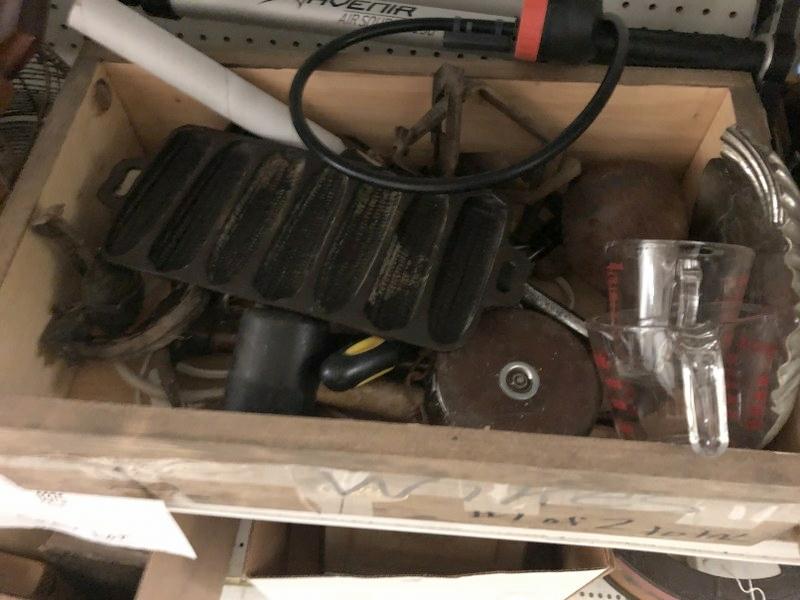 SHELF OF METAL, WOOD AND BASKET ITEMS (1 of 2)