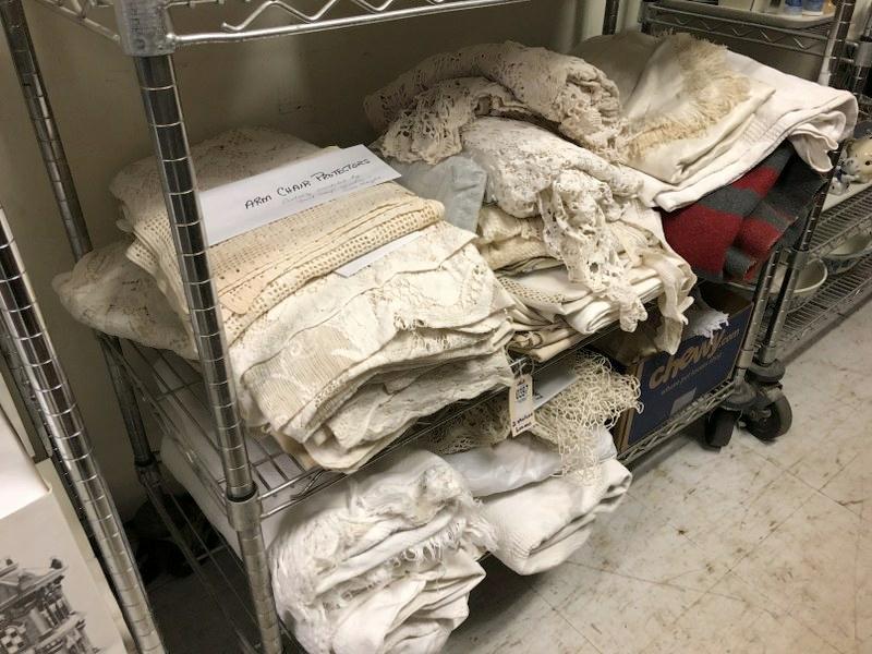 2 SHELVES OF OLD TEXTILES INCLUDING HANDWORK FOUND IN (1 of 6)