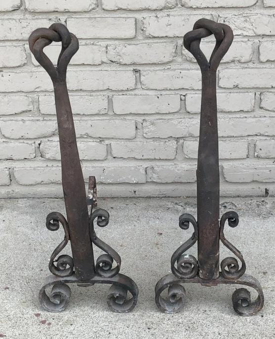 PR OF HAND WROUGHT IRON ANDIRONS FROM WOODSTOCK ESTATE, (1 of 3)