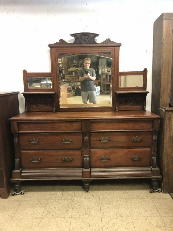 VICTORIAN ERA WALNUT DRESSER W/BACKSPLASH AND MIRROR (1 of 1)