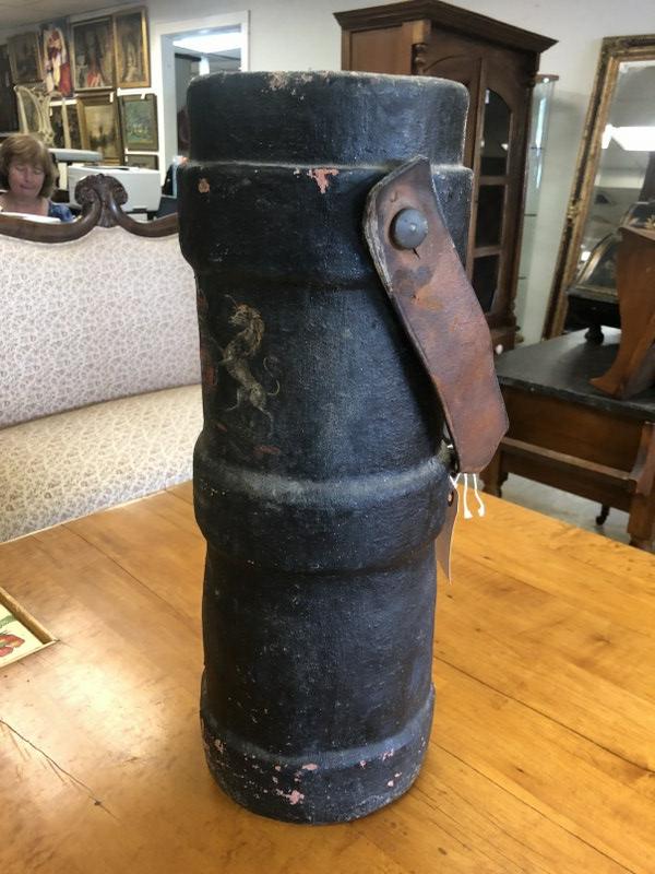 BRITISH LEATHER FIRE BUCKET, MEASURES 21" HIGH, FROM: BRITISH LEATHER FIRE BUCKET, MEASURES 21" HIGH, FROM LOCAL ESTATE