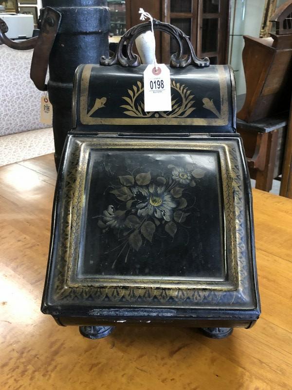 CIRCA 1880'S TOLE COAL SCUTTLE W/SHOVEL, FROM LOCAL (1 of 4)
