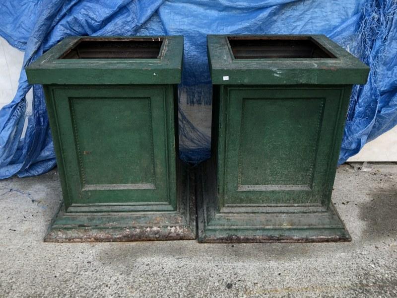 PR OF OLD CAST IRON URN BASES IN OLD GREEN PAINT, (1 of 3)