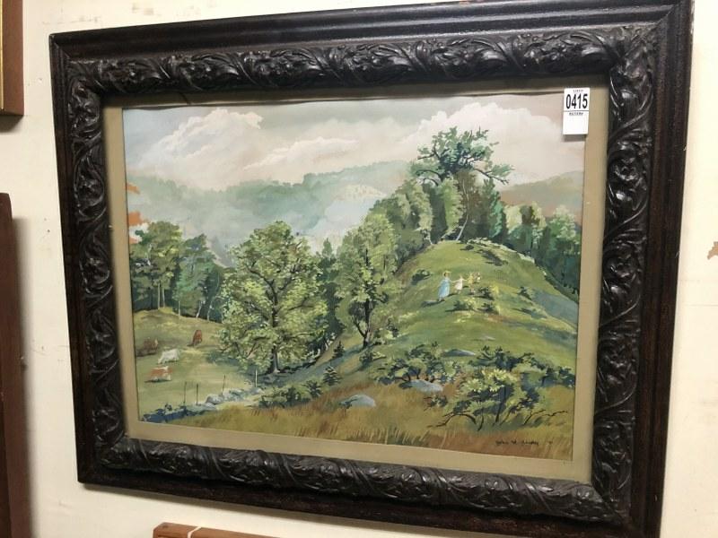 GOUACHE ON PAPER LANDSCAPE WITH FAMILY ON HILL W/DOG, (1 of 1)