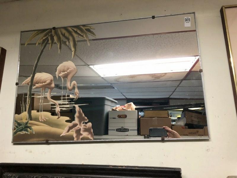 1950'S MIRROR W/PINK FLAMINGOES, SMALL PIECE OF WOOD (1 of 1)
