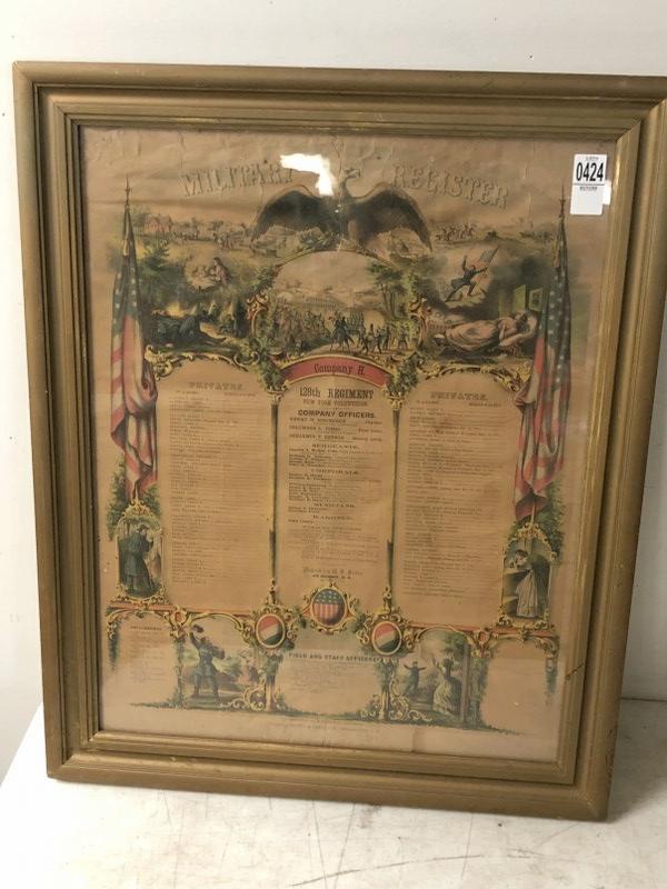 MILITARY REGISTER COMPANY H 128TH REGIMENT NEW YORK: MILITARY REGISTER COMPANY H 128TH REGIMENT NEW YORK VOLUNTEERS, MEASURES 23" X 18", SOME LIGHT TEARS AND CRINKLING. THE WHITE SPOT AT TOP IS REFLECTION OFF THE GLASS.