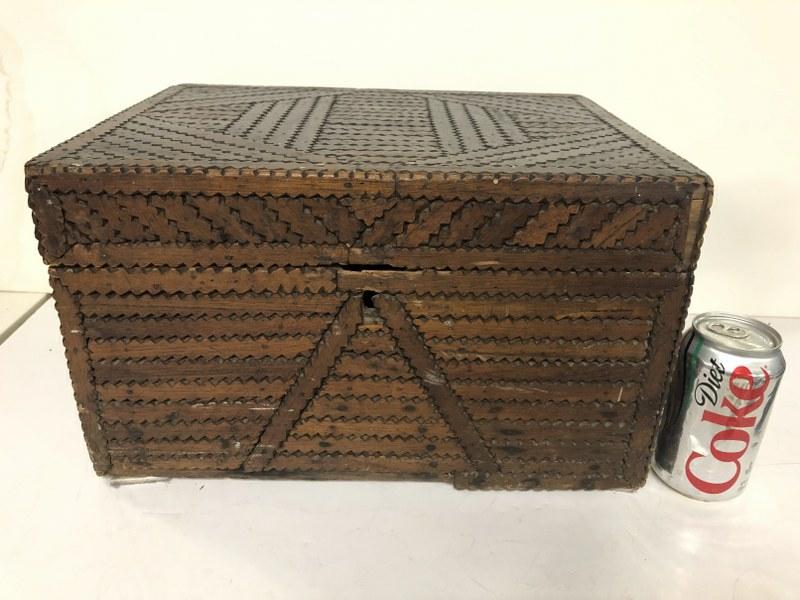 FOLK ART TRAMP ART BOX, MADE FROM OLD BOXES, LABELS (1 of 6)
