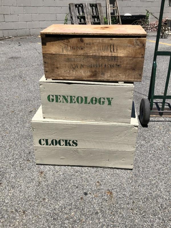 (3) OLD WOOD BOXES WITH LIDS FROM LOCAL ATTIC. (1 of 2)