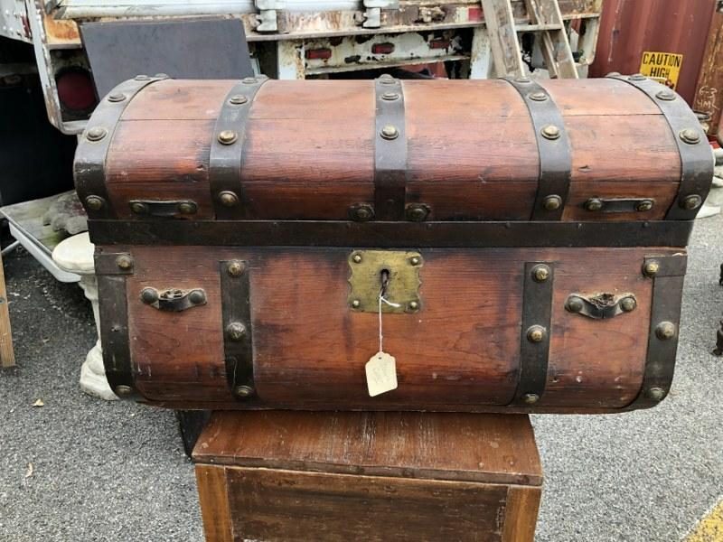 OLD WOOD DOME TOP TRUNK, WITH METAL STRAPS, BRASS KEY (1 of 3)