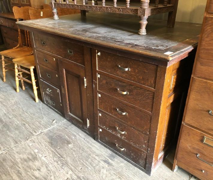 2 PART OAK INDUSTRIAL CABINET W/DRAWERS AND DOOR, (1 of 3)