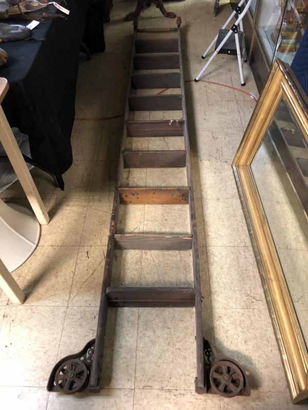 OLD OAK INDUSTRIAL LIBRARY LADDER, GOOD WORN LOOK, (1 of 4)