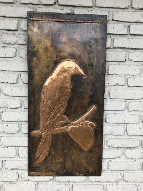 LARGE COPPER ARTS & CRAFTS STYLE BIRD ON BRANCH, SIGNED (1 of 4)