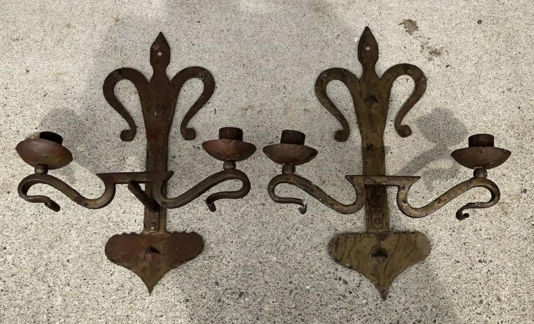 PAIR DECORATIVE METAL & IRON WALL CANDELABRAS, FROM (1 of 2)