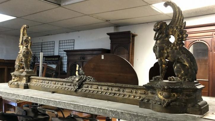 PAIR BRASS WINGED LIONS CHENETS FROM NYC ESTATE, ONE (1 of 7)