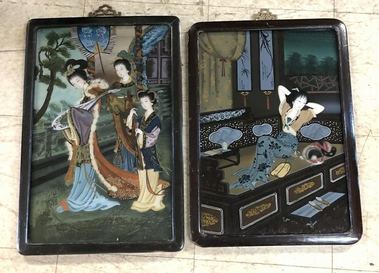 (2) ASIAN REVERSE PAINTED ON GLASS PAINTINGS OF (1 of 1)