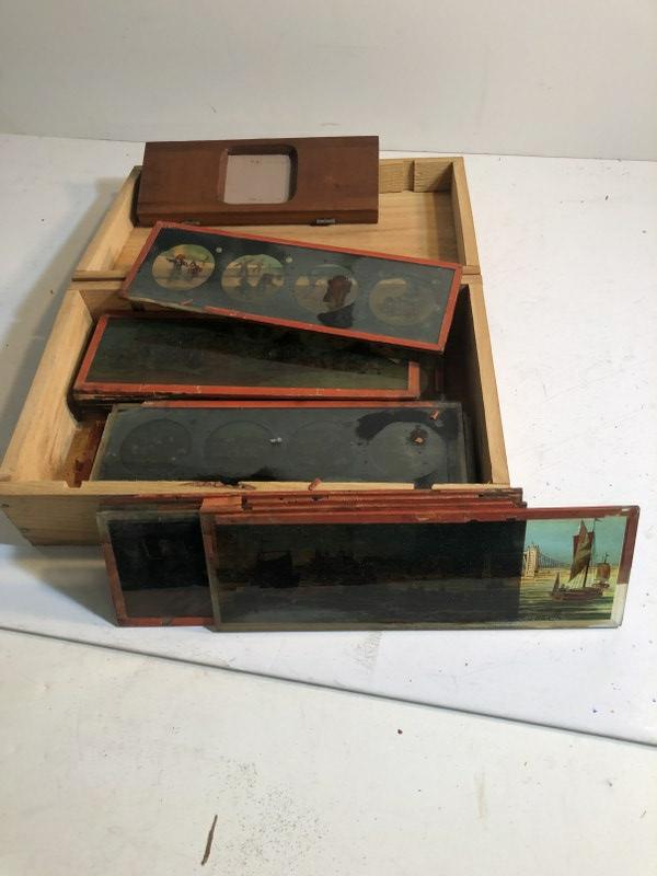 BOX MAGIC LANTERN SLIDES, LONGER ONES, A FEW WITH (1 of 4)