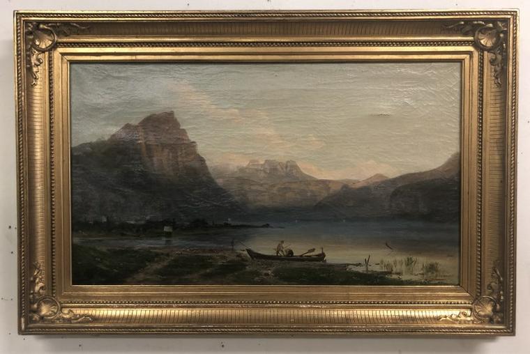 S G STUDER 19TH C O/C LANDSCAPE WITH MEN IN BOAT IN (1 of 6)