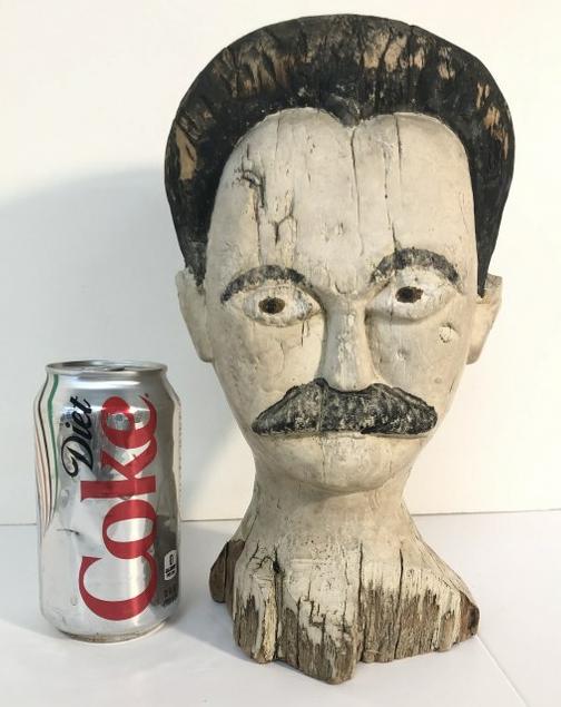 EARLY FOLK ART PAINTED HEAD OF A MAN WITH MUSTACHE, (1 of 6)