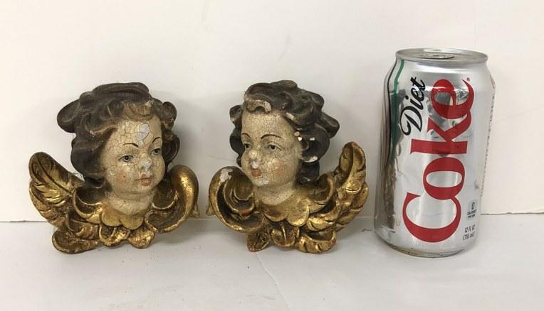 (2) EARLY WOOD CARVED PAINTED CHERUB HEADS, ORIGIN (1 of 5)