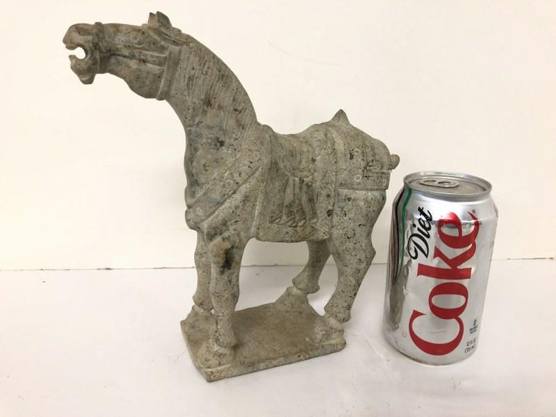 CARVED STONE ASIAN (?) HORSE, FROM HUDSON VALLEY ESTATE: CARVED STONE ASIAN (?) HORSE, FROM HUDSON VALLEY ESTATE OF A GENTLEMAN WHO TRAVELED THE WORLD. I SEE NO DAMAGE, UNFAMILIAR WITH ORIGIN.APPEARS TO BE A MARKING ON BOTTOM, BUT WORN AND ILLEGIBLE. MEASUR