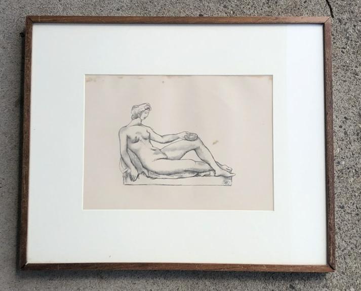 PRINT NUDE RECLINING WOMAN, INITIALED WITH (M), IN HIGH: PRINT NUDE RECLINING WOMAN, INITIALED WITH (M), IN HIGH QUALITY CUSTOM FRAME, FROM WOODSTOCK, N.Y. ESTATE COLLECTION WE ARE SELLING. IMAGE MEASURES 10.5" X 14", FRAME MEASURES 19" X 23". ( HAS A FEW S